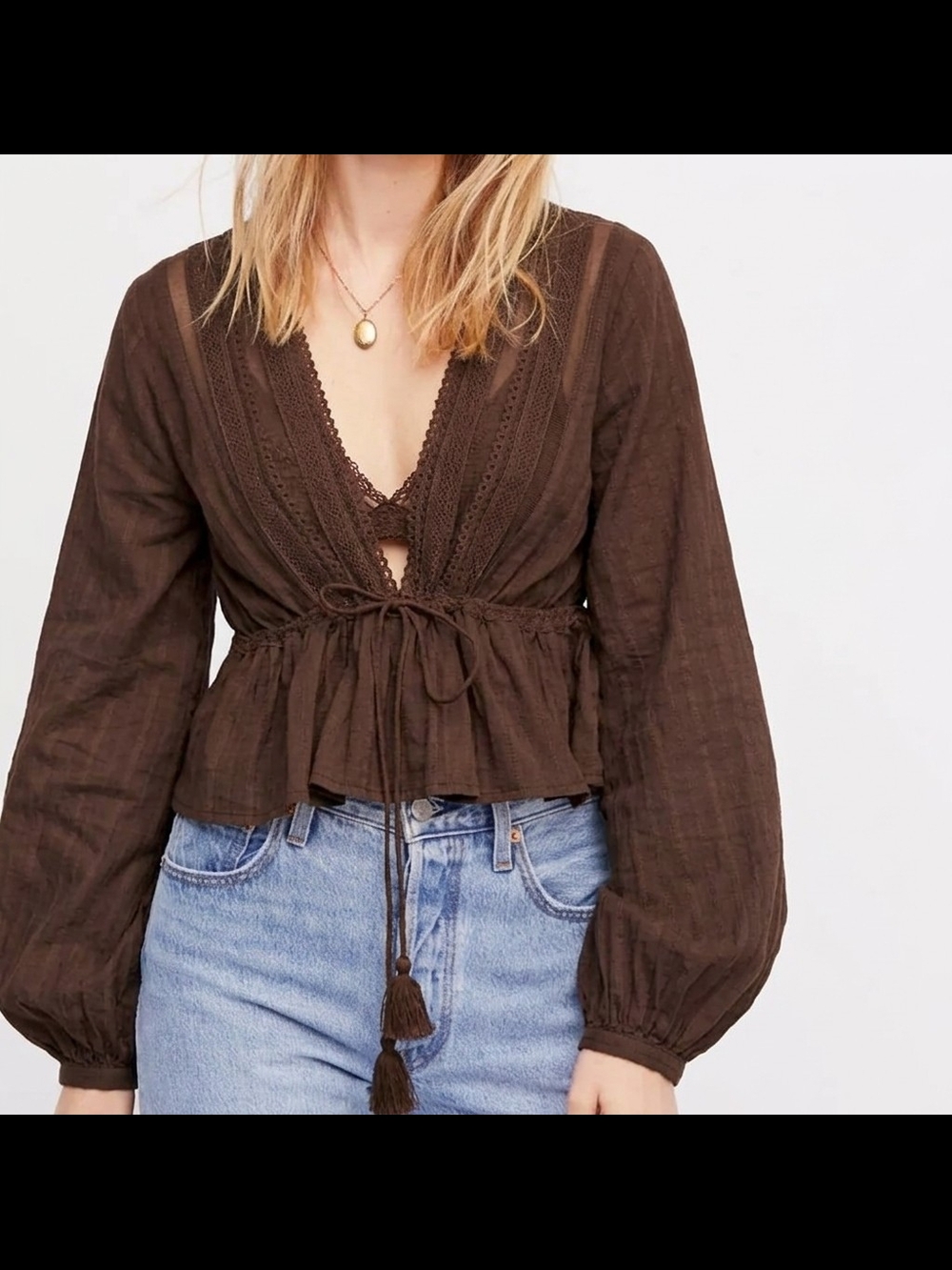 Free People Oberoi Lace-Trim Tie-Front Long Sleeve Blouse